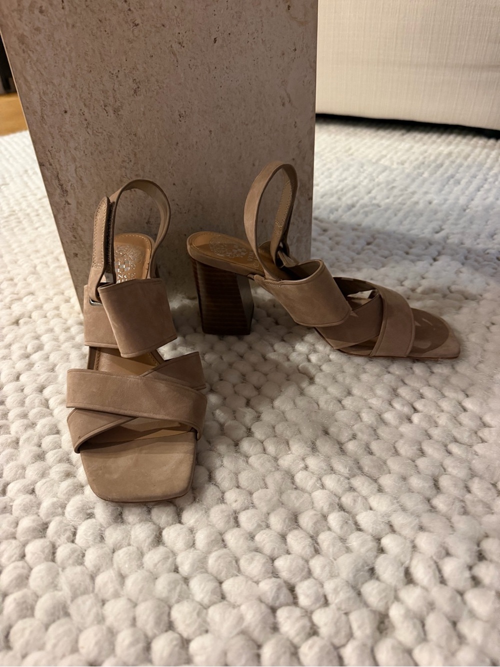 Vince Camuto Neutral Taupe Suede Block Heel Slingback Sandals